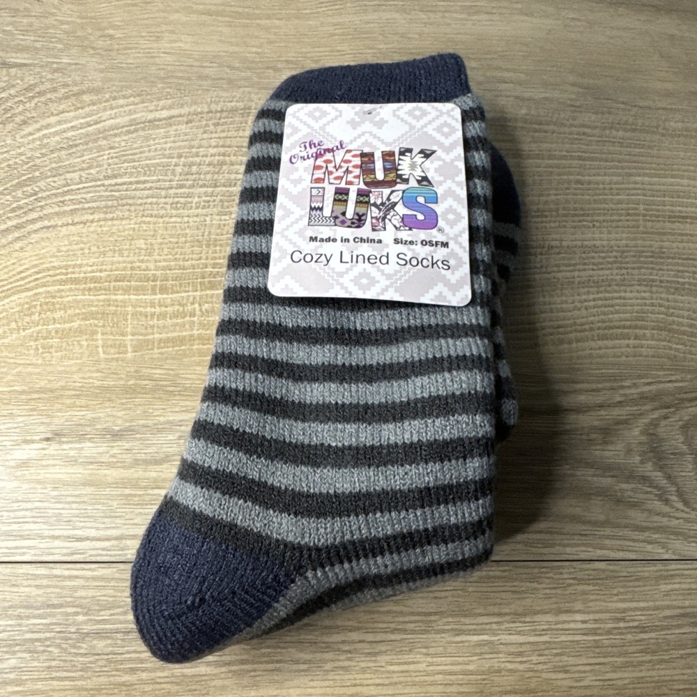 MUK LUKS Cozy Lined Socks Gray Striped One‎ Size Fits Most Lounge Comfy